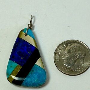 Vintage pendant labradorite gemstone turquoise lapis sterling silver inlay
